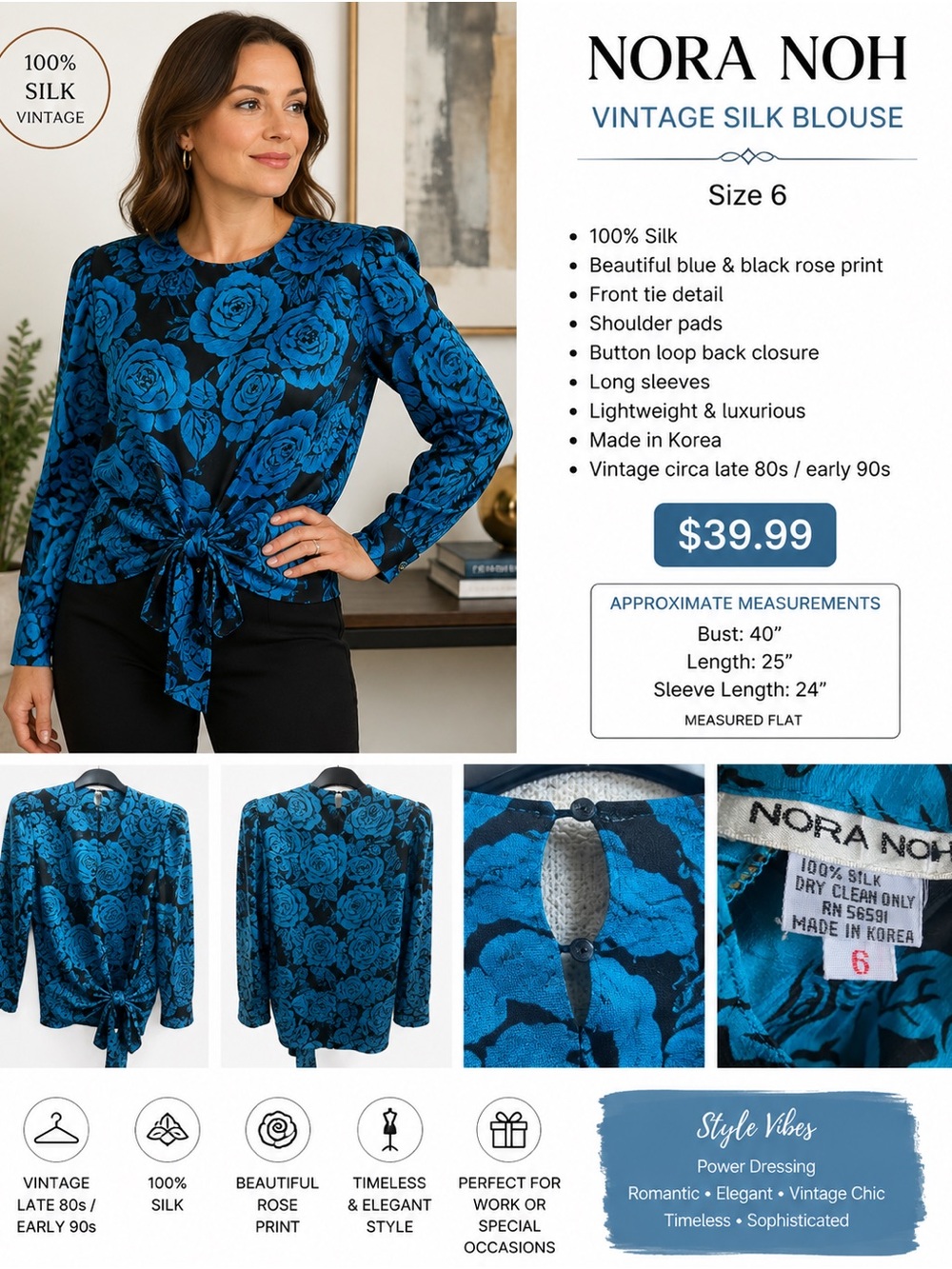 💙VTG Nora Noh Silk Blouse Blue Black Floral Rose Print Tie Front Designer 80s 90